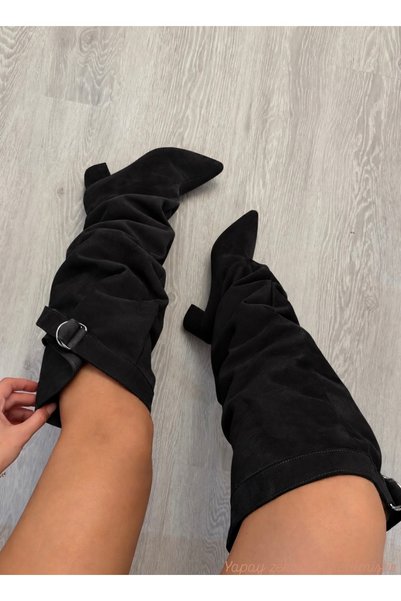 MYVOLANTE Black Suede XL Calf-Length Adjustable Boots with Thick Heel for Women