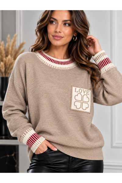 Generic Brand Pulover oversize dama grej cu buzunar decorativ LOVE, M