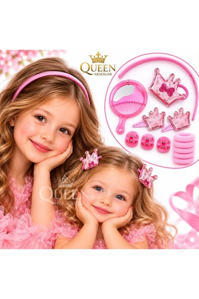 QUEEN AKSESUAR Set de 14 accesorii pentru păr pentru fetițe, cu coroană roz d...