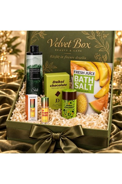 V.V LOVE Velvet Box Green – Set cadou cu parfum Dubai Chocolate 100 ml, gel d...
