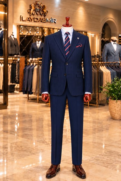 ilayda emir Two-Piece Classic Men's Outfit: Navy Suit Jacket and Striped Pant...