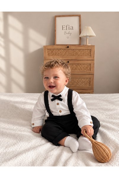 vera kids 100% Cotton Black Baby & Kids Salopet Shirt Bow Tie Set