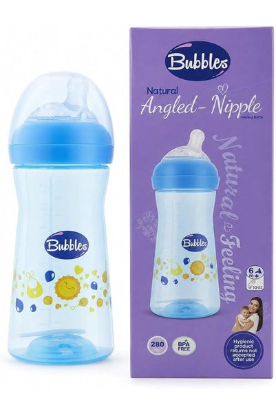 Bubbles زجاجة رضاعة طبيعية بحلمة مائلة - أزرق فاتح 280 مل