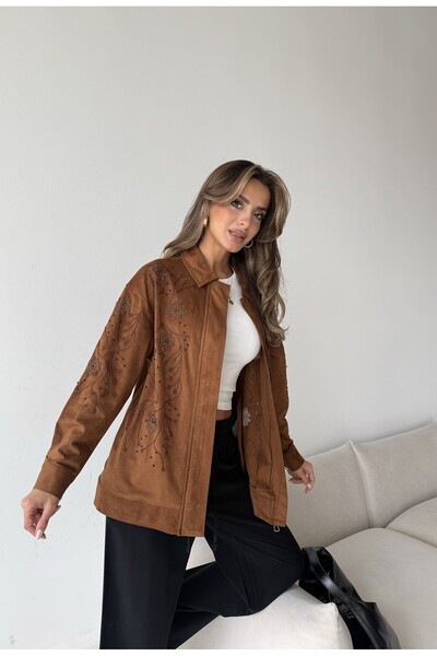 MİA NOURA WOMEN'S SUEDE FABRIC JACKET WITH BEADED SLEEVES AND FRONT ZIPPER