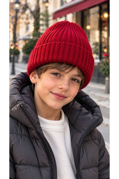 MARBERRY Burgundy Soft-Textured Corded Fabric Knit Boys' Beanie, Ages 7–12