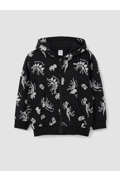 LC Waikiki LCW Kids Black 3-Thread Printed Loose & Baggy Boys' Zipper Sweatsh...