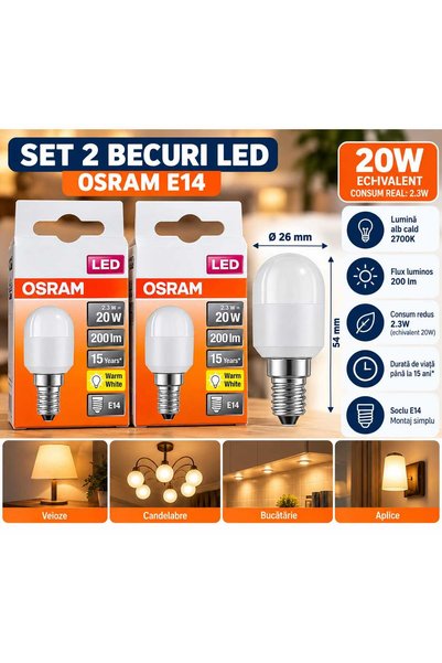 Osram Set 2 Becuri LED E14, 2,3W, Echivalent 20W, 200 Lumeni, Lumină Alb Cald