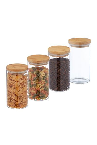 Relaxdays Set de 4 borcane de depozitare cu capac 1000 ml, maro deschis/trans...