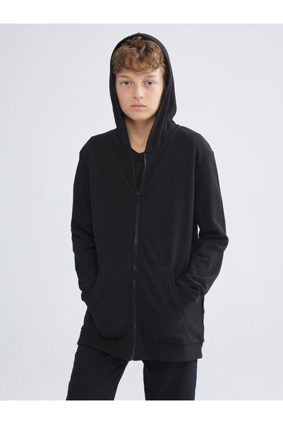 LC Waikiki Lcw Kids Black Hooded Boy's Zippered Sweatshirt with Nevavm Differ...