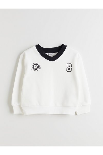 LC Waikiki Lcw Kids Ecru V-Neck Girls' Sweatshirt with Nevavm Design
