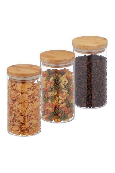 Relaxdays Set de 3 borcane de depozitare cu capac 1000 ml, Maro deschis/Trans...