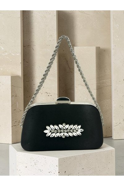 Biçanta Geantă de seară pentru femei, tip clutch, din satin negru decorat cu ...