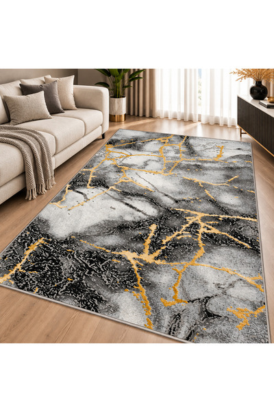 OEM Modern Marmara Abstract Rug Grey-Black with Gold Accents – Living Room an...