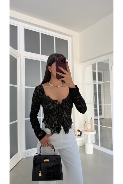 GAUS CO Siyah Dantel Detaylı Premium Korse Bluz GAUS-02281