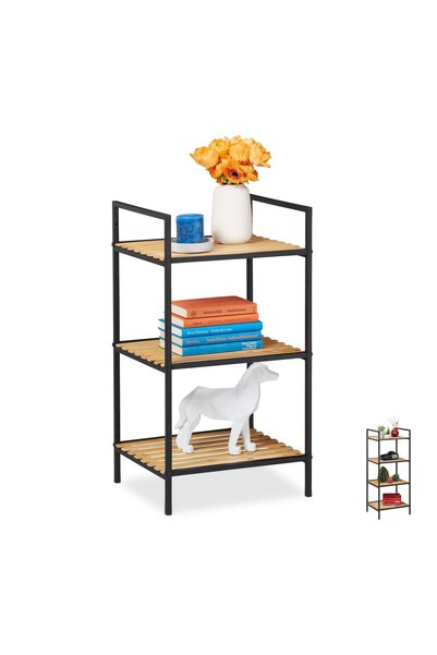 Relaxdays freestanding bamboo and metal shelf, light brown/black
