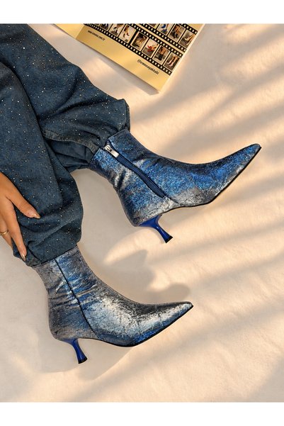 irmona Vienna Blue Silver Gradient Pointed Toe 5 cm Thin Heel Women's Boots B...
