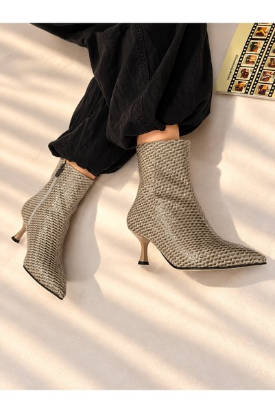 irmona Vienna Gray Wicker Leather Pointed Toe 5 cm Thin Heel Women's Boots Bo...