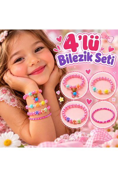 Rhea Company 4-Piece Pink Beaded Bracelet Set for Girls – Jewelry Set with Te...