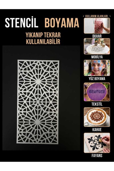 Mu Art Ahşap Seljuk Tile-Patterned Geometric Stencil – 250-Micron Mylar Stenc...