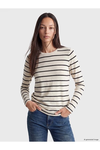 LC Waikiki LCW EVERYDAY Ecru Jersey Striped Slim-Fit Long-Sleeve Women's Body...
