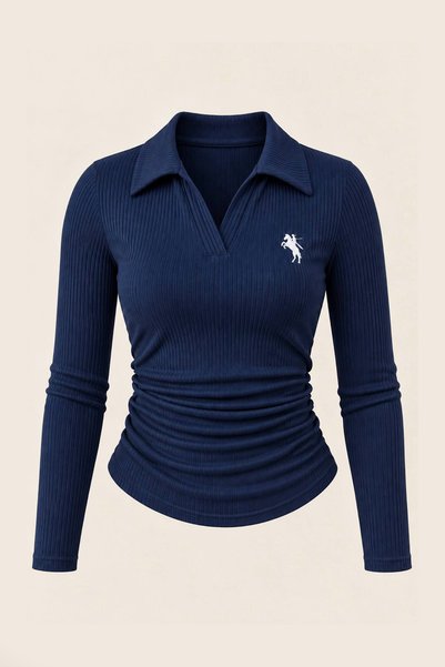 İlayda Toprak Soft Navy Blue Polo Collar Stretch Fabric Embroidered Premium R...