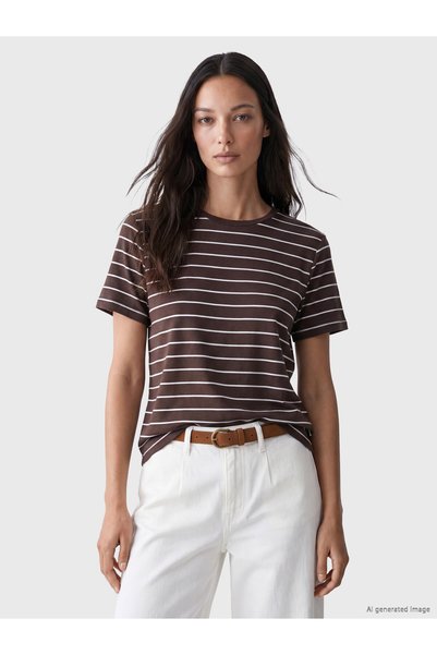 LC Waikiki LCW EVERYDAY Brown Striped Standard & Regular Short-Sleeve Women's...