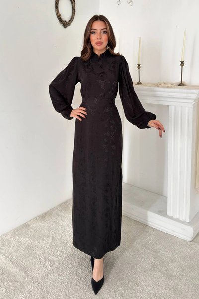 bysocafashion Black Jacquard Balloon-Sleeve Dress