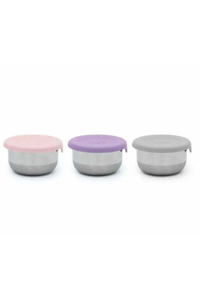 Melii Set 3 recipiente mini inox cu capac silicon, melii, roz mov gri