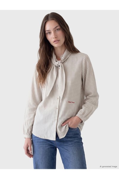 LC Waikiki LCW Modest Ecru Plaid Women's Shirt with a Scarf Shirt Collar, Fea...