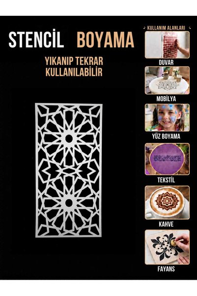 Mu Art Ahşap Seljuk Tile-Patterned Geometric Stencil – 250-Micron Mylar Stenc...