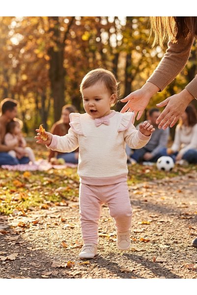 INFANT Set bebe bluză cu volane și fundă și pantaloni roz
