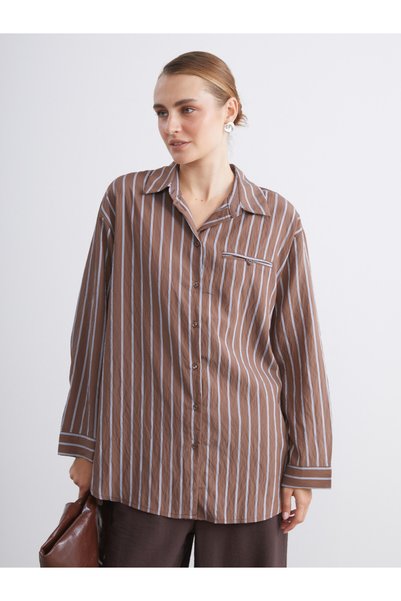 LC Waikiki Alita City Lcw Modest Brown Striped Women's Shirt Tunic with a Dif...