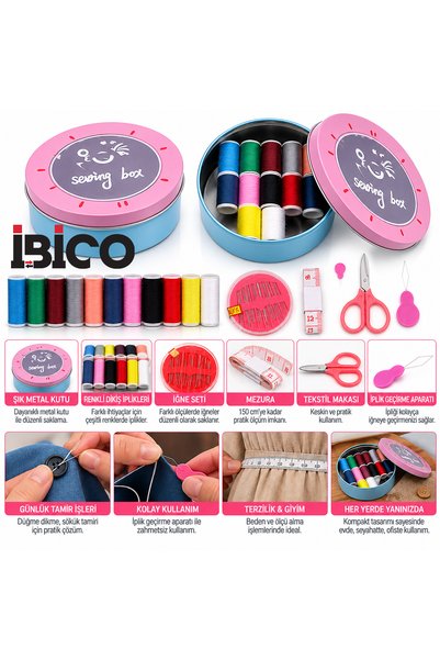 ibico Set de cusut cu cutie metalică și dispozitiv de înfășurare a firului, p...