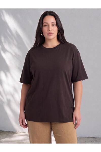 LC Waikiki LCW Curve Brown Jersey Solid Oversized Short-Sleeve Women's T-Shir...