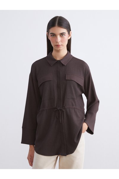 LC Waikiki LCW Modest Brown Interlock Solid Loose & Oversized Women's Shirt T...