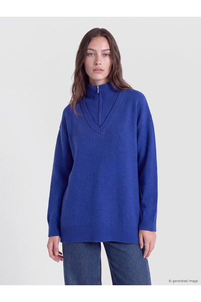 LC Waikiki LCW Modest Blue Knit Women's Tunic with a Crew Neck or Half-Crew N...