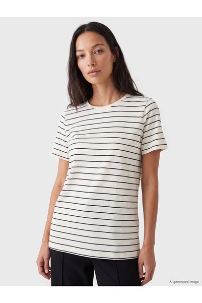 LC Waikiki LCW EVERYDAY Ecru Striped Standard & Regular Short-Sleeve Women's ...