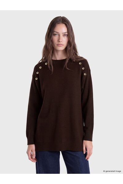 LC Waikiki LCW Modest Brown Knit Women's Tunic with a Plain Oval Neckline, Fe...