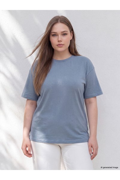 LC Waikiki LCW Curve Blue Jersey Solid Oversized Short-Sleeve Women's T-Shirt...