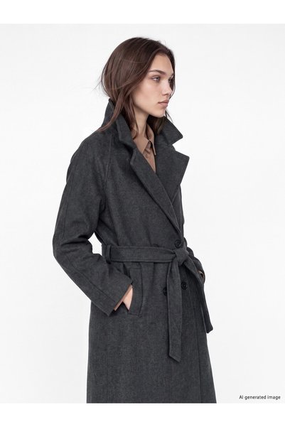 LC Waikiki LCW Modest Gray Double-Breasted Women's Melton Coat, With the ALIT...