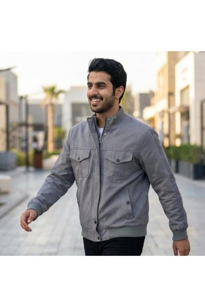 BASIC Casual Cotton Bomber Jacket with Side Zip Pockets - Classic Plain Grey