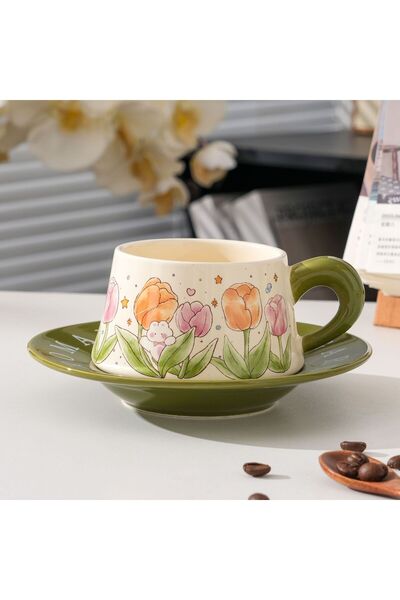 Generic French-Style Garden High-Appearance Coffee Cup and Saucer Set, Cerami...