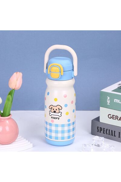 Generic كوب شرب مزدوج للأطفال بتصميم كرتوني على شكل جرو مع غطاء قابل للفتح وم...