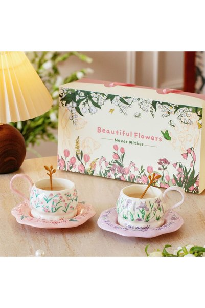 Generic French-Style Lily and Bellflower Ceramic Coffee Cup and Saucer Set, H...