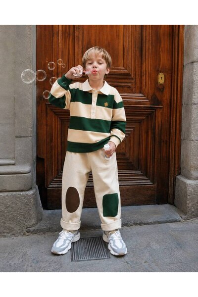 Mireya Kids Boys' Green Striped Polo Collar Knit Sweater and Gabardine Pants Set