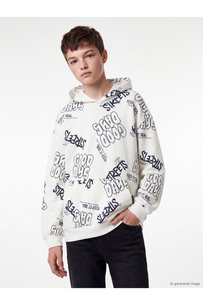 LC Waikiki LCW Kids Ecru Hooded Boys' Sweatshirt, Featuring the ALITA CITY Touch