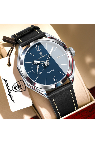 Choice 689 Silver Blue POEDAGAR Top Fashion Man Watch Leather Date Quartz Bus...