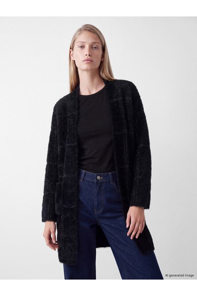 LC Waikiki LCW EVERYDAY Black Plush Plaid Midi Women's Cardigan with Gencc Qu...