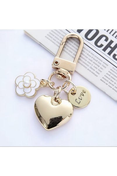 Choice White Flower Alloy Heart Keychain – Camellia Letter Metal Charm, Earph...