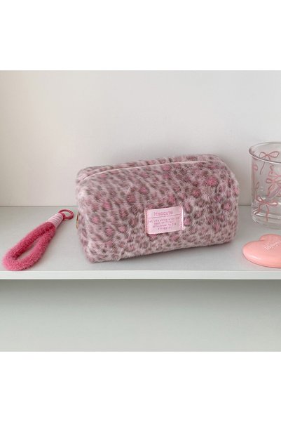 Choice 1Pc Girls' Leopard Print Plush Portable Makeup Bag, Student Clutch Bag...